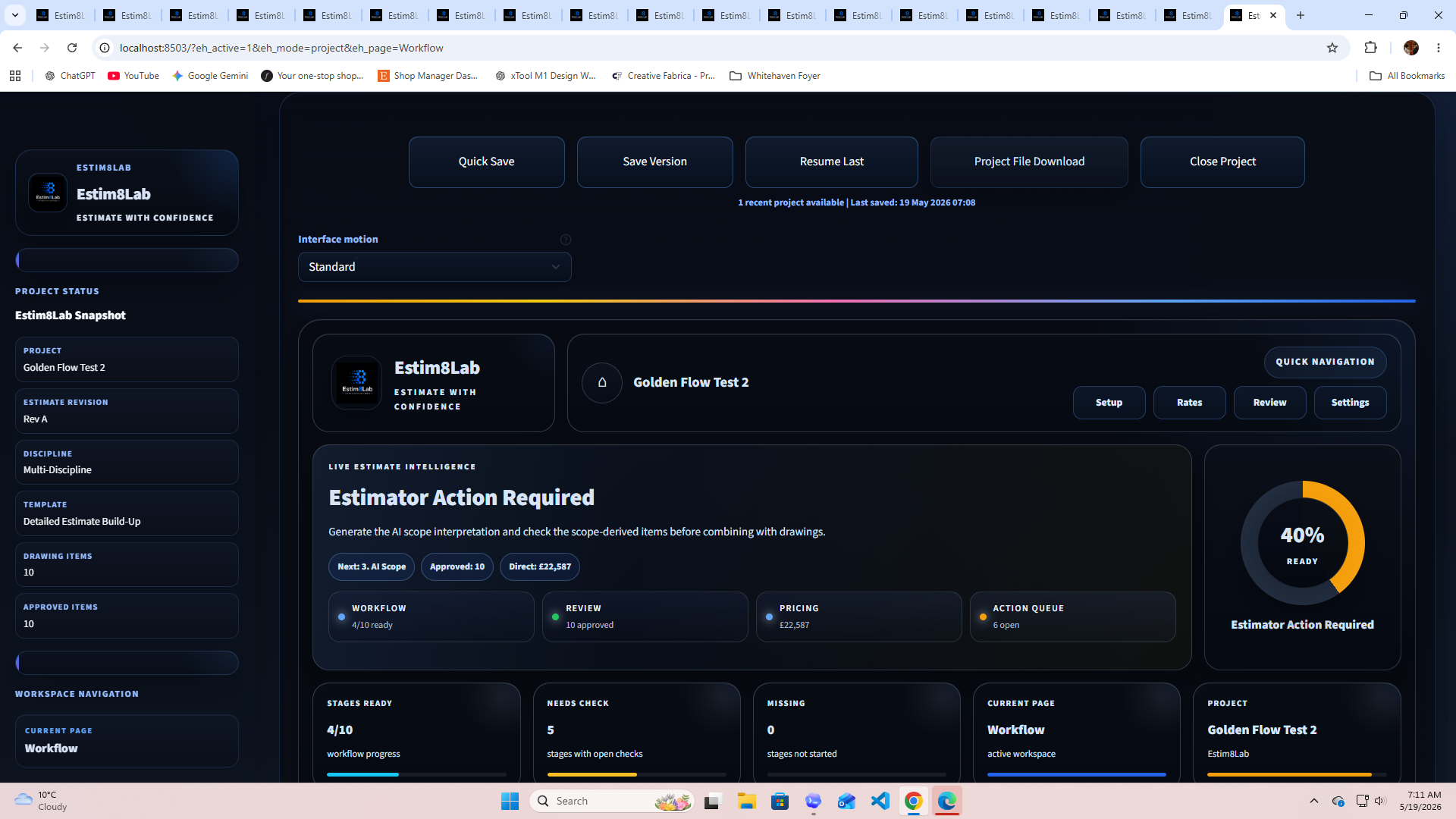 Estim8Lab project workflow dashboard